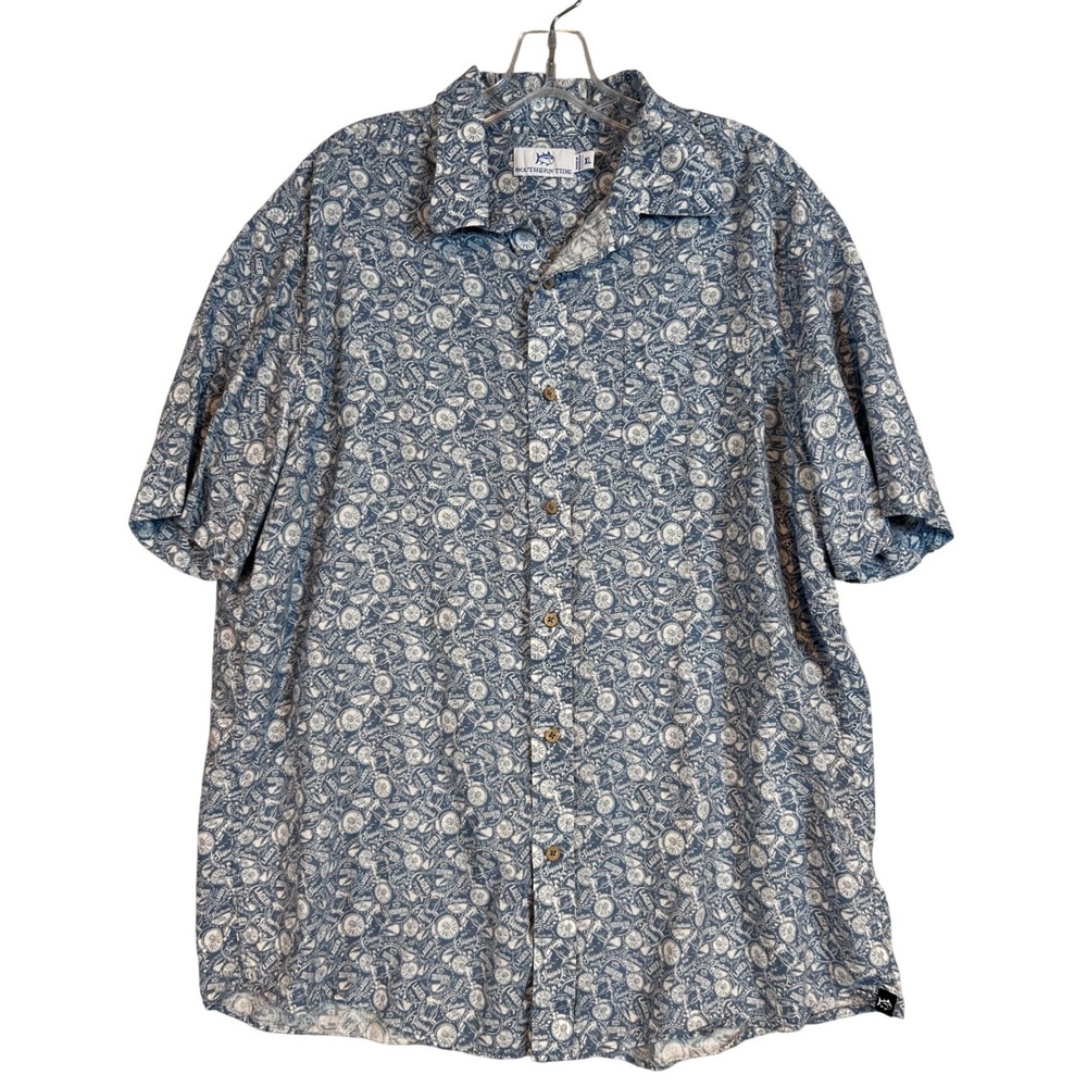 Southern Tide Mens XL Blue Beer Bottle Cap AOP Linen Rayon Button Down Shirt